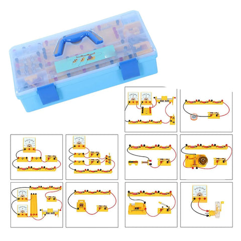 Electromagnetism Kit For High School Students Hands On Electricity And Circuit Magnetism Experiments With Ohm Law And Electromagnetic Induction Detailed Manual For Learning By Doing In Class Or Home Lab, components in blue storage box and experiment examples