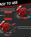 Red motorcycle on Beefy 1200 Lbs Motorcycle Lift Jack With Wheels For Dirt Bikes Street Bikes Cruisers And ATVs, showing use instructions.