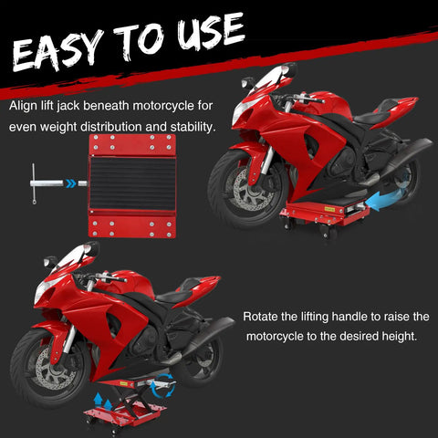 Red motorcycle on Beefy 1200 Lbs Motorcycle Lift Jack With Wheels For Dirt Bikes Street Bikes Cruisers And ATVs, showing use instructions.