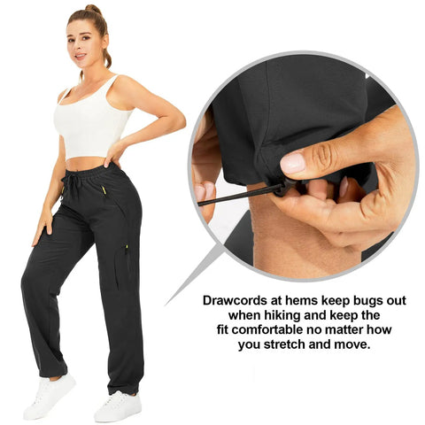 Woman wearing Women's Hiking Cargo Pants With Quick Dry Fabric And UPF 50 Protection, showing drawcord hem detail.