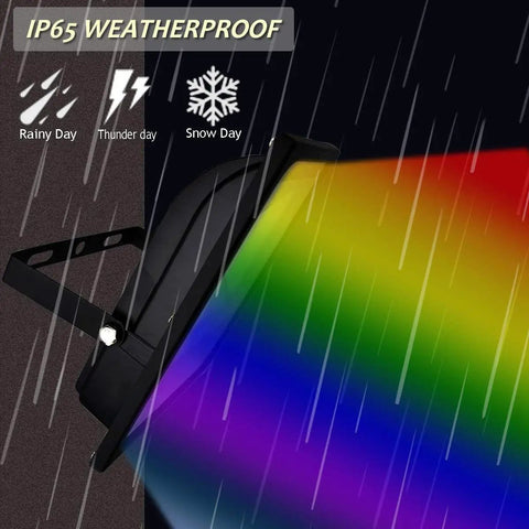 RGB LED Flood Lights 50W Outdoor Super Bright Spotlight With 16 Colors Remote Control Floodlight showing rainbow beam and weatherproof label