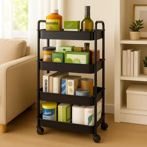 4 Tier Slim Rolling Storage Cart For Tight Spaces - Mobile Bathroom Organizer And Toilet Paper Holder, Space Saving Kitchen, Laundry And Cabinet Shelving Unit, Black with items on shelves