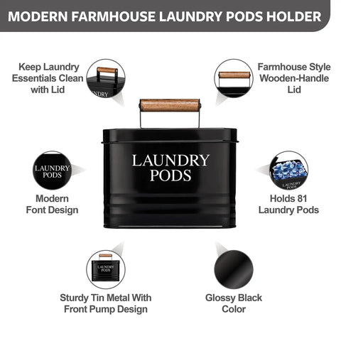 Modern Farmhouse Metal Laundry Pods Holder With Lid, black tin with wooden handle, holds 81 pods, durable and stylish