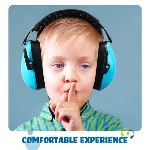 Child wearing blue ear muffs making a shushing gesture, showcasing Three Pack Kids Ear Muffs Noise Canceling Headphones 26dB Adjustable Ear Protection.