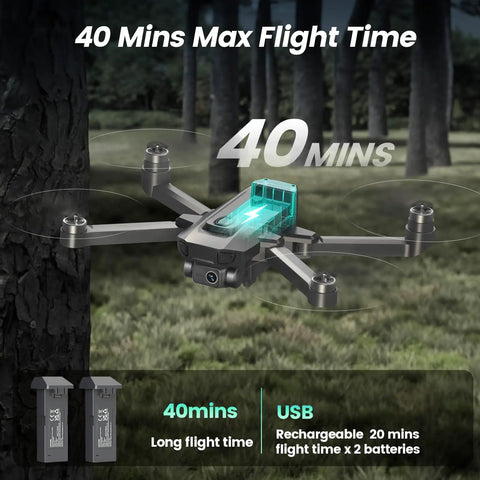 4K Drone With Camera For Beginners Easy To Fly Foldable GPS FPV Quadcopter shown in forest with 40 mins flight time and two batteries