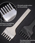 Close-up of Leather Hole Punch Tool Set With Pricking Iron Prongs 1/2/4/6 And 3/4/5/6 Mm Spacing with polished teeth details.