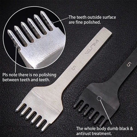 Close-up of Leather Hole Punch Tool Set With Pricking Iron Prongs 1/2/4/6 And 3/4/5/6 Mm Spacing with polished teeth details.