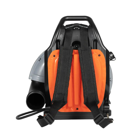 Backpack gas powered leaf blower with harness beast mode power 2.7kW 850CFM 63cc 4.3HP two stroke engine rear view