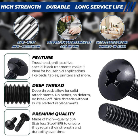 Tough As Nails Heavy Duty 3/8-16 X 1-1/2 Phillips Truss Head Machine Screw 10 Pack With High Strength Phillips Bit on black background.