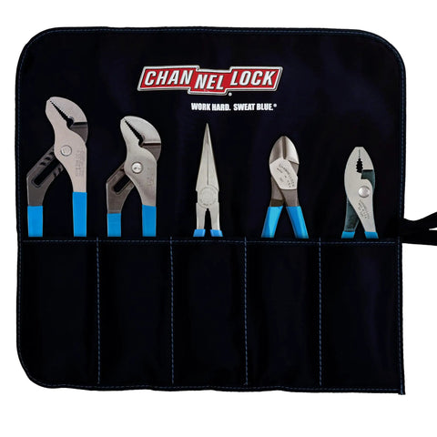 Five Piece Pliers Set With Tool Roll Pro Grade Heavy Duty Handyman Kit Forged High Carbon US Steel Laser Heat Treated Teeth Blue Grips Includes 9.5 Inch Tongue And Groove Pliers 7 Inch Diagonal Cutters 8 Inch Long Nose 6.5 Inch Slip Joint