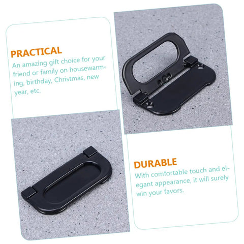 Black Aluminum Flush Pull Ring Handles for drawers and cabinets shown in folded and upright positions on grey surface.