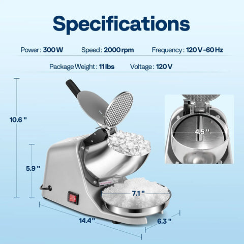 Heavy Duty Electric Ice Shaver And Snow Cone Maker Machine With Killer Blade Adjustments and solid ice pick for fluffy snow ice.