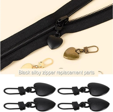 Two Piece Black Heart Shaped Zipper Pull Replacement Kit For Luggage Backpacks Jackets Coats Boots And Clothing Durable Metal Zipper Pulls With Universal Fit For Quick Slider Fix And Easy DIY Repair - black and gold heart shaped pulls displayed with zipper