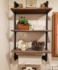 Industrial Pipe Shelves Rustic Wall Shelf With Towel Bar 24 Inch 3 Tier Wood And Iron Pipe Rack in bathroom setup