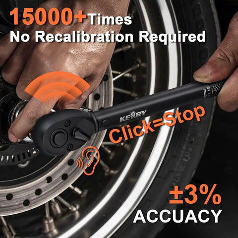 Triple-Drive Click Torque Wrench Set for 1/4, 3/8, and 1/2 Inch Drives, 20-240 in-lb, 5-45 ft-lb, 20-160 ft-lb Ranges, Calibrated to Three Percent with Dual SAE and Metric Scales, Ideal for Bikes, Motorcycles, and Cars. black click torque wrench on motorcycle wheel