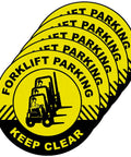 5 Pack Forklift Parking Keep Clear Floor Signs, 17 Inch adhesive vinyl yellow-black decals stacked for warehouse aisles