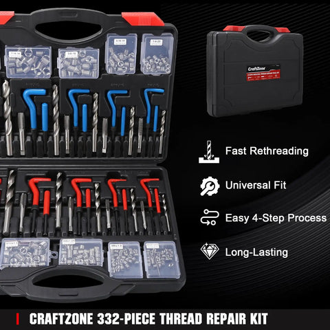Gearhead Friendly Thread Repair Kit For Auto Shop Use with drill bits, taps and SAE Metric inserts in black case
