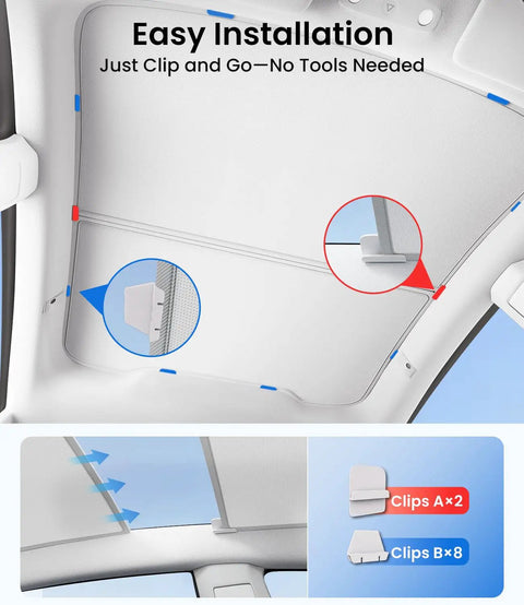 Tesla Model Y Sunshade Roof Cover With Multi Layer UV Reflective Glass, No Sag No Gaps, Foldable Sunroof Shade installation details