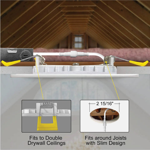 Installation view of Six Pack Three Inch Square Ultra Thin LED Recessed Lights, showing fit with drywall and joists.