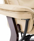 Close-up of beige PU leather swivel recliner armrest and wood base with lever, Swivel Recliner With Ottoman And Wood Base In PU Leather Ultra Plush Double Foam For Cozy Comfort Footrest 360 Degree Swivel And 90 To 135 Degree Recline Ideal For Living Room Bedroom And Office.