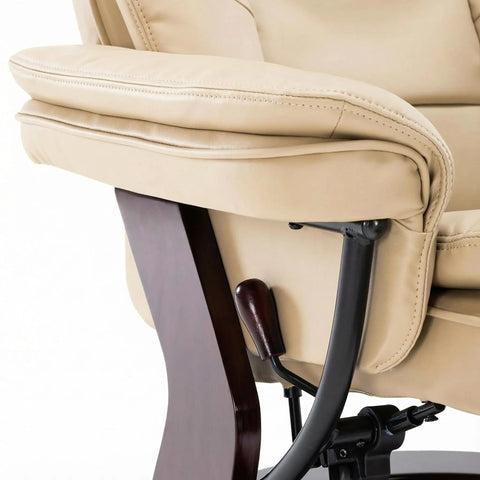 Close-up of beige PU leather swivel recliner armrest and wood base with lever, Swivel Recliner With Ottoman And Wood Base In PU Leather Ultra Plush Double Foam For Cozy Comfort Footrest 360 Degree Swivel And 90 To 135 Degree Recline Ideal For Living Room Bedroom And Office.