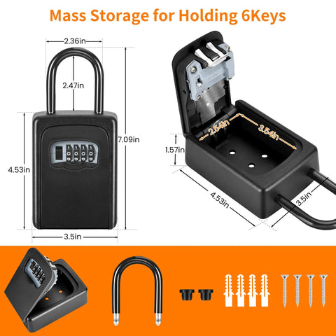 Weatherproof 4 Digit Key Lock Box Wall Mounted With 5 Key Capacity And Resettable Code with open view and dimensions.