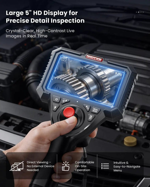 Industrial Borescope Camera With Replaceable Snake Cable 5 Inch HD Display 4-Way Articulating Probe Stainless Steel Joystick 6.2mm Camera Waterproof Cable 5 Ft For Auto And Pipe Inspections handheld in engine bay