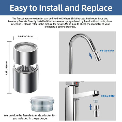 Smooth As Butter Kitchen Faucet Aerator Swivel Head Anti Splash Sink Filter with chrome finish and installation guide.
