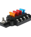 4 Circuit Fuse Block With Marine Cover For ATO ATC Fuses, A Real Workhorse That Handles Up To 100 Amps Per Block, 32V DC, black 4-way marine fuse block with colored blade fuses