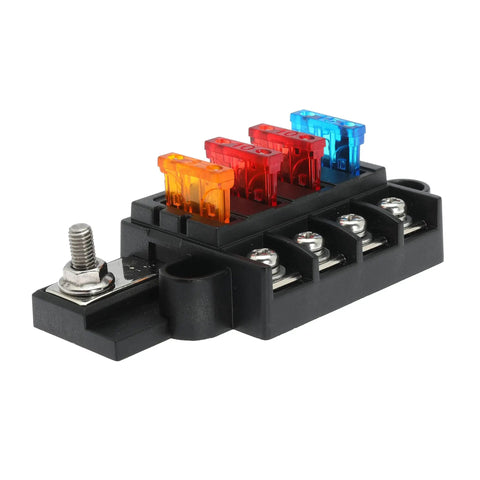 4 Circuit Fuse Block With Marine Cover For ATO ATC Fuses, A Real Workhorse That Handles Up To 100 Amps Per Block, 32V DC, black 4-way marine fuse block with colored blade fuses