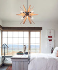 Six Light Sputnik Pendant Light In Black With Wood Accents Dope Rustic Modern Chandelier For Dining Room Kitchen Loft Ceiling Hanging Fixture For Bedroom And Entryway in styled bedroom setting