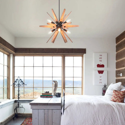 Six Light Sputnik Pendant Light In Black With Wood Accents Dope Rustic Modern Chandelier For Dining Room Kitchen Loft Ceiling Hanging Fixture For Bedroom And Entryway in styled bedroom setting