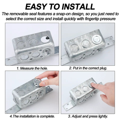 Heavy Duty Beefy Half Inch Knockout Seals For Electrical Boxes Snap In Place Steel Wire Mesh Rings Lock Secure Against Moisture And Rust Tough As Nails Twelve Pack installation process with hand applying snap-on seal.