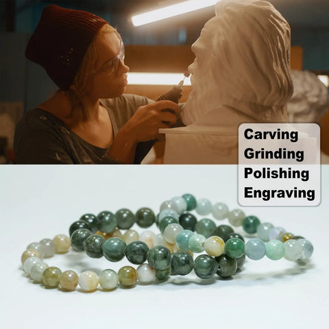 Artist using rotary tool on sculpture; jade beads in foreground beside text: Carving, Grinding, Polishing, Engraving.