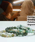 Person using a rotary tool on a sculpture with text 'Carving Grinding Polishing Engraving'; bracelets displayed below.