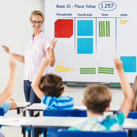 Teacher using Magnetic Base Ten Blocks For Math, Jumbo 131 Piece Set with students in a classroom demonstration.