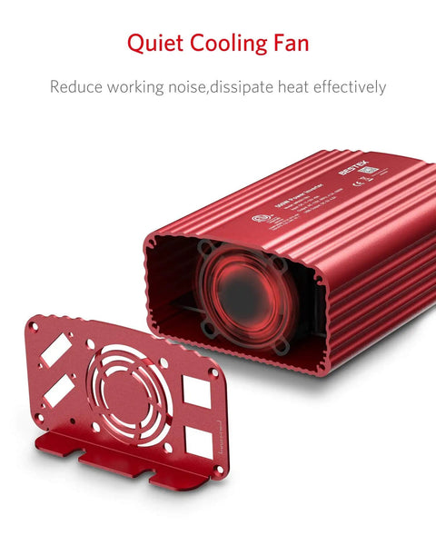 Power Inverter 500W DC 12V to 110V AC with Alligator Battery Clamp showcasing quiet cooling fan