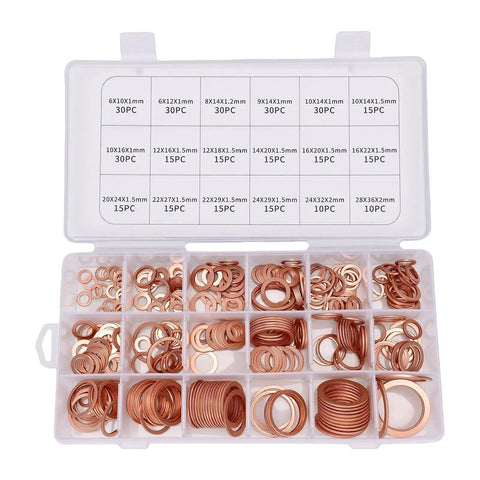 Copper Crush Washer Kit With 350 Pieces 18 Sizes Your Go To Auto And Marine Copper Gasket Set For Oil Drain Plugs Replacement Washers For Repairs And Maintenance Assortment, in labeled case