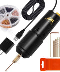 Pro Grade Electric Resin Drill Set Pin Vise Mini Hand Drill Kit With 10 Twist Drill Bits 0.7 1.2 mm And 600 Screw Eye Pins For Resin Crafts Diy Jewelry Making Keychains, USB powered drill with accessories displayed