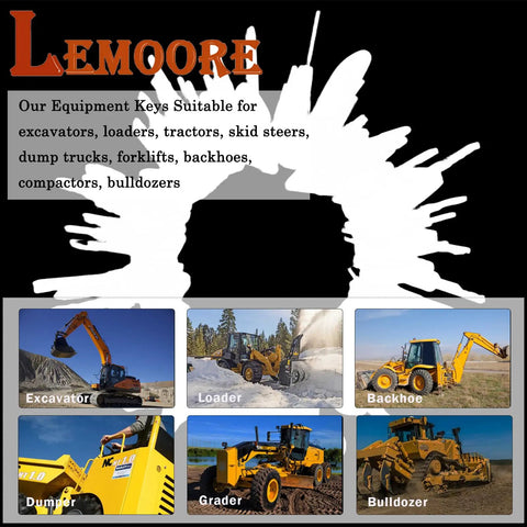 Industrial Grade Heavy Equipment Ignition Keys Set For Construction Machines Built To Stand Up To Tough Jobs Compatible With Genie Skyjack JLG JD Cat Case Komatsu Kubota Sany New Holland Takeuchi Terex Bobcat Toyota And More Stainless Steel Durable featuring various construction equipment images