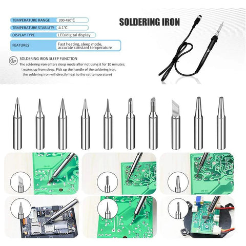 2 In 1 750W LED Digital Soldering Station With Hot Air Rework Gun And Soldering Iron with various iron tips shown