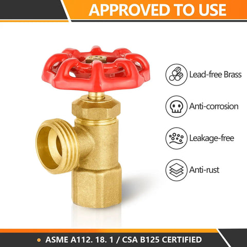 2-Pack Brass Boiler Drain Valves, Three-Quarter Inch FIP Inlet and Three-Quarter Inch MHT Outlet, corrosion-resistant brass valve