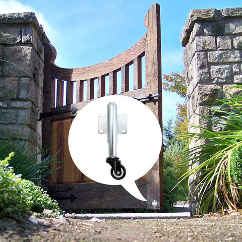 Gate Caster With Spring Loaded Retractable Wheel For Wooden Gates And Yard Fences, Two Inch Wheel, shown installed on a wooden gate