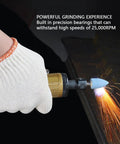 Heavy Duty Straight Pneumatic Die Grinder Built Tough With Machined Steel Core, being used to grind metal at 25000 RPM.