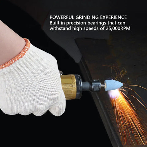 Heavy Duty Straight Pneumatic Die Grinder Built Tough With Machined Steel Core, being used to grind metal at 25000 RPM.
