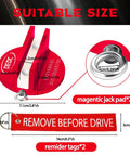 Universal Pinch Weld Jack Pad Set, 2 magnetic aluminum pucks for frame rail protector, red with reminder streamers, labeled dimensions