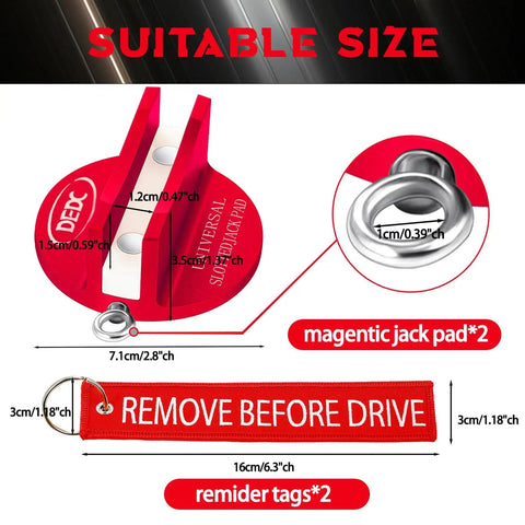 Universal Pinch Weld Jack Pad Set, 2 magnetic aluminum pucks for frame rail protector, red with reminder streamers, labeled dimensions