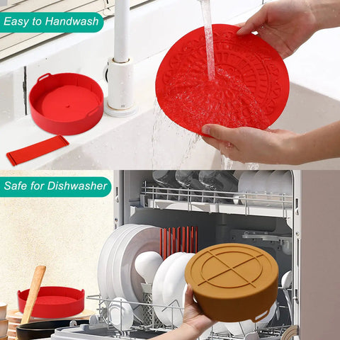 Reusable Air Fryer Silicone Liners Set With 2 Liners And Split Strip For 5 Qt And Up Food Safe Nonstick Pot Liners Up To 440F Heat Resistant Easy Grip Handles Gray shown with handwashing and dishwasher use.
