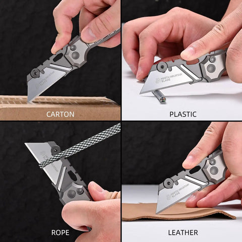 Person using Built Different Cnc Titanium Folding Utility Knife With Secure Button Lock Quick Swap Razor Blades on cardboard, plastic, rope, and leather.