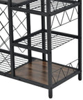 Close-up of the Slick Industrial Wine Rack Table Doubles As Console Table With Glass Holder and Ample Wine Storage Space, highlighting the sturdy black steel frame and wood shelf.